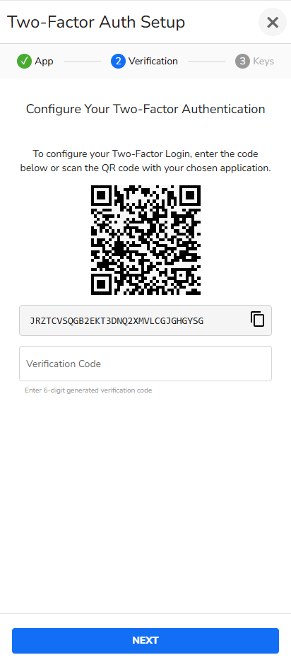 Display of QR code and setup key in the Two-Factor Auth Setup window in Lighthouse