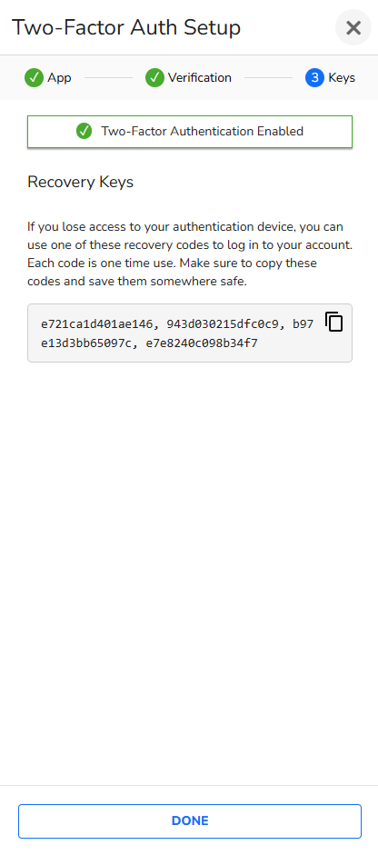 Display of five recovery keys after setting up two-factor authentication.