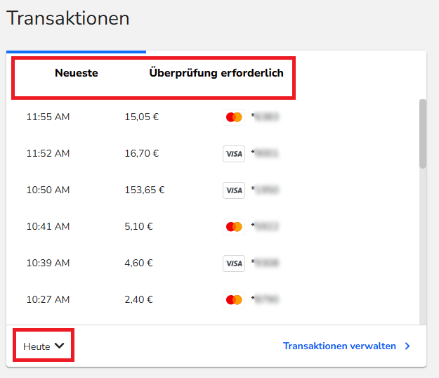Auflistung der heutigen Transaktionen im Lighthouse-Dashboard mit Filteroptionen und Link ‚Transaktionen verwalten‘.