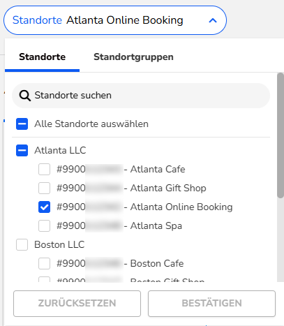 Standortfilter-Menü zur Auswahl einzelner Standorte.