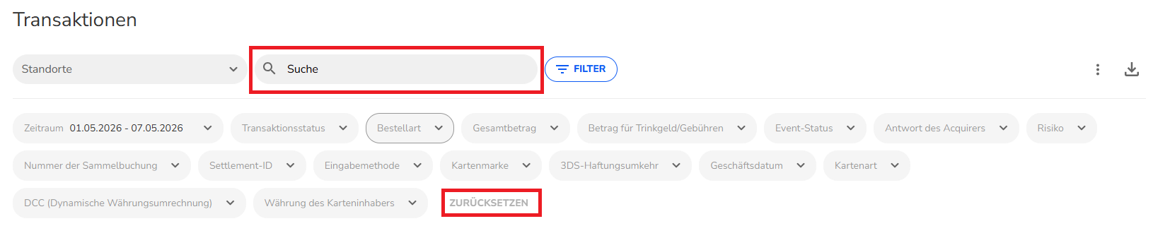 Filteroptionen in der Transaktionsübersicht mit Suchfeld und hervorgehobener Zurücksetzen-Funktion.