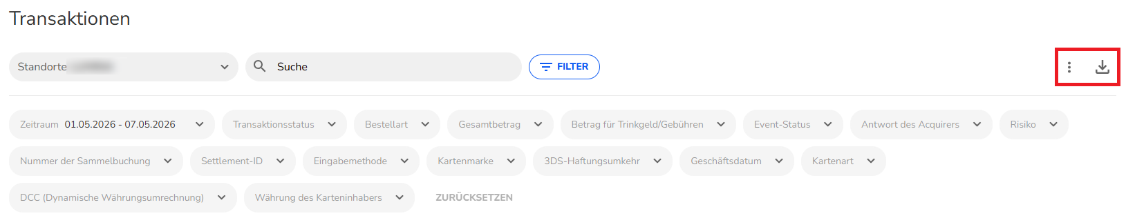 Filteroptionen der Transaktionsübersicht mit Menü für Listenanpassung und Download-Funktion.