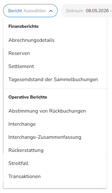 Auswahlmenü zur Erstellung eines Berichts mit Liste aller verfügbaren Berichte.
