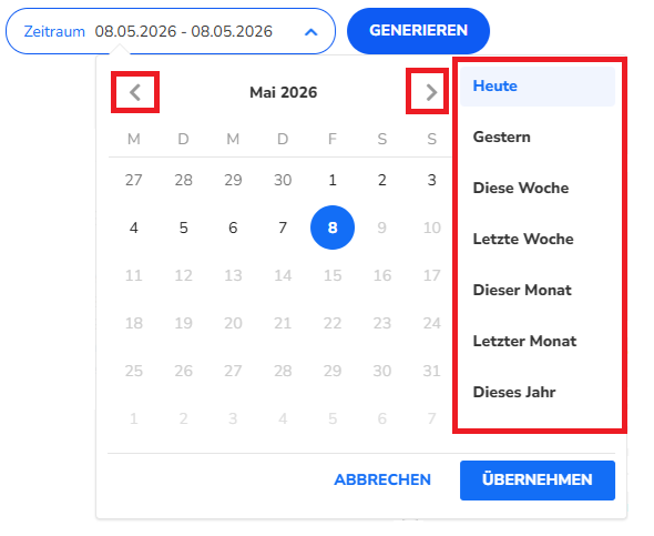 Zeitraum-Auswahlmenü in ‚Berichte‘ mit vordefinierten Zeiträumen und Monatsnavigation.