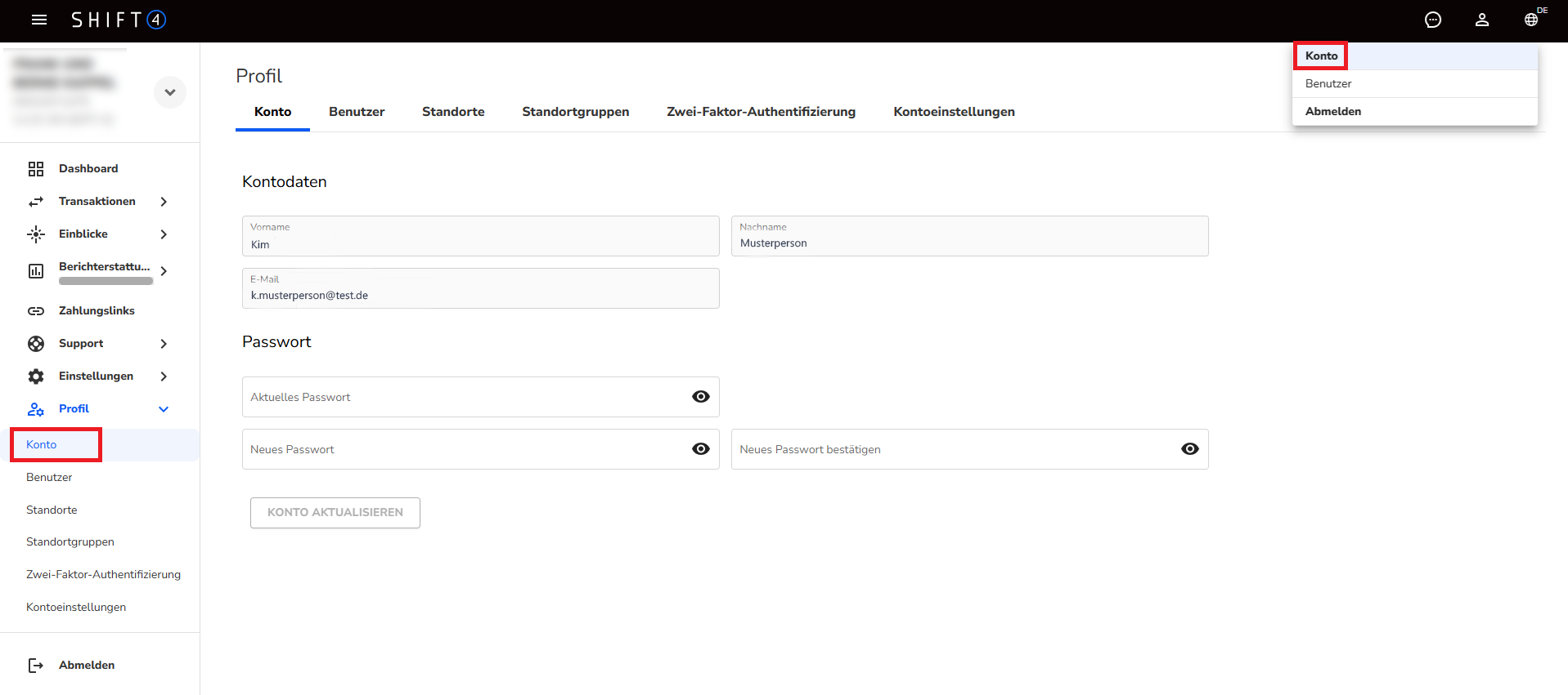 Account Details Password aendern Rubrik Profil
