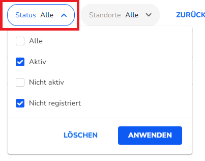 Filter Status Benutzeruebersicht Auswahlmenue geoeffnet