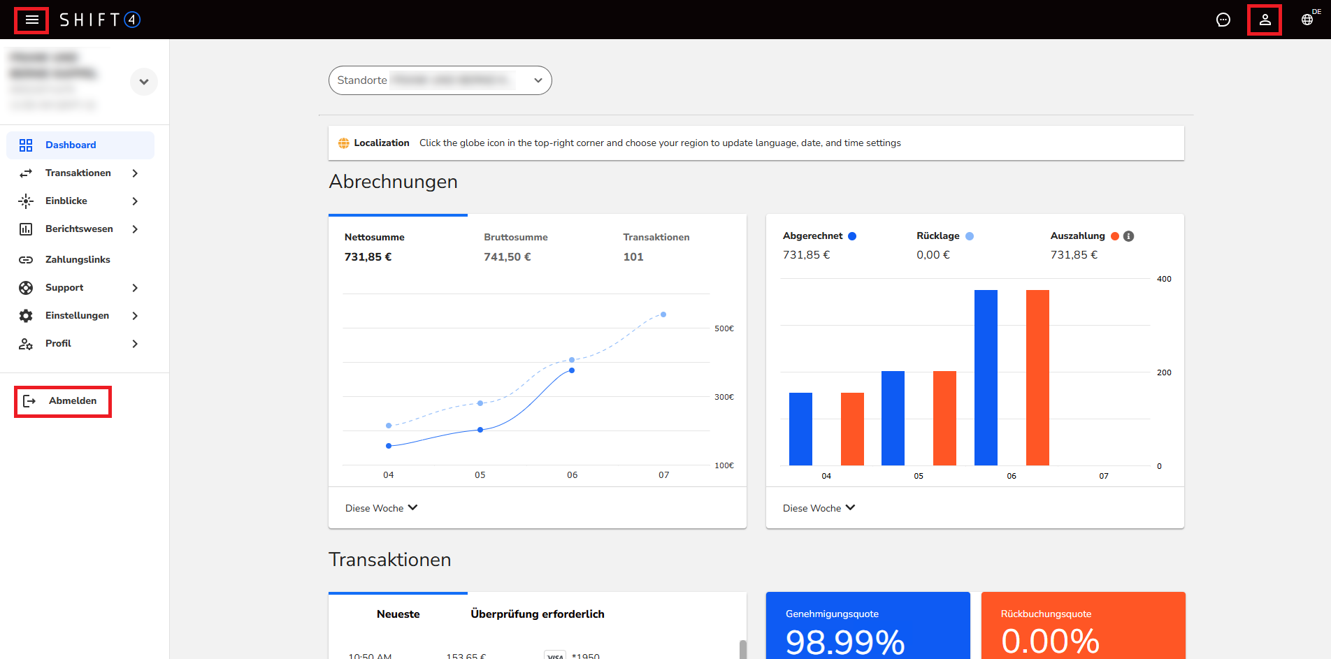 Shift4 Customer Hub (ehemals Lighthouse)-Startseite mit markiertem Hamburger-Menü, Standortauswahl und Logout-Funktion.