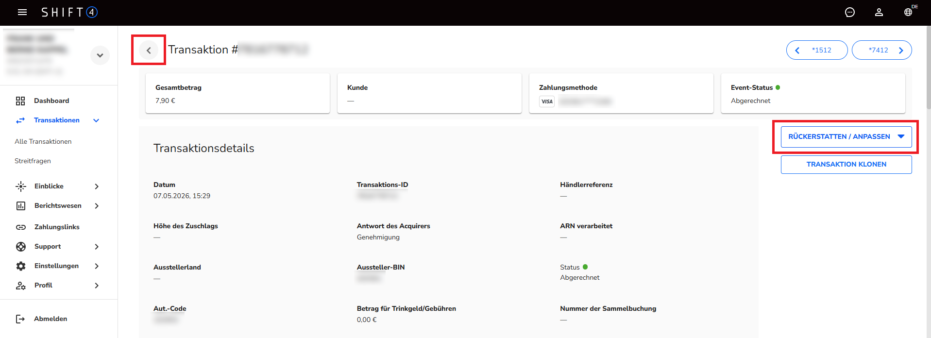 Transaktionsdetails mit hervorgehobenem ‚Rückerstatten / Anpassen‘-Button und Zurück-Pfeil.