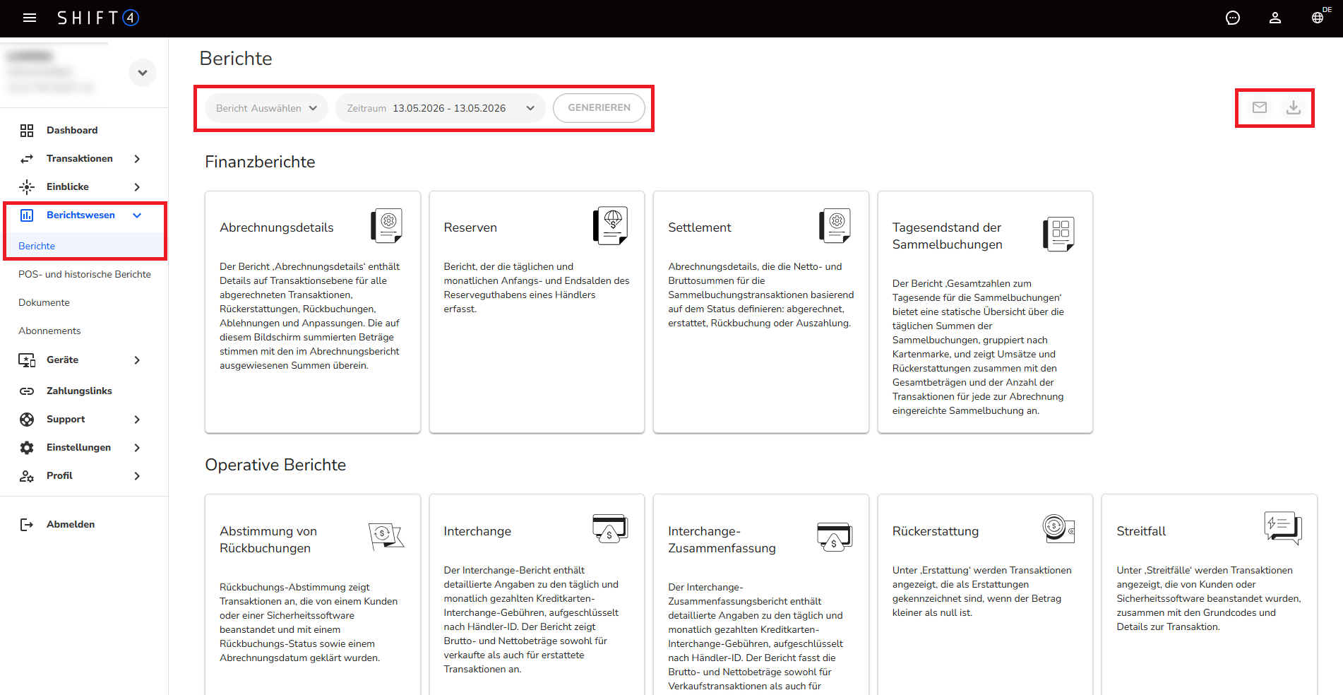 Bereich ‚Berichte‘ im Berichtswesen mit Berichtsauswahl, Download- und Abonnement-Funktionen.