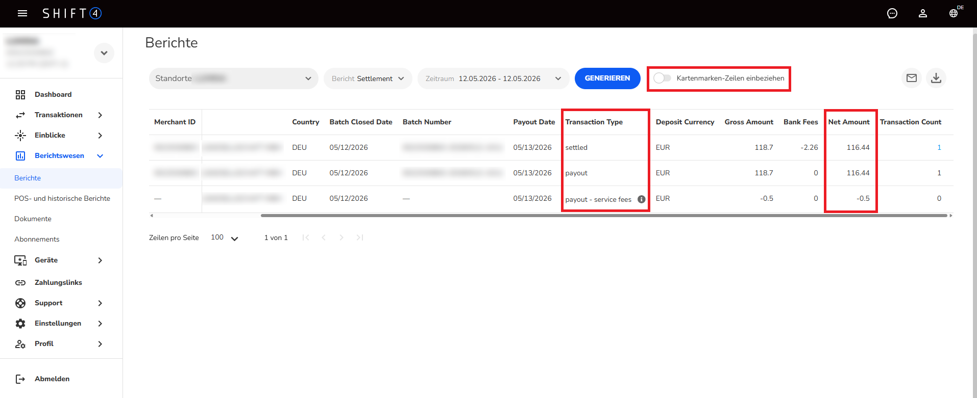 Settlement-Bericht mit hervorgehobenen Spalten ‚Transaction Type‘, ‚Net Amount‘ und Kartenmarken-Option.