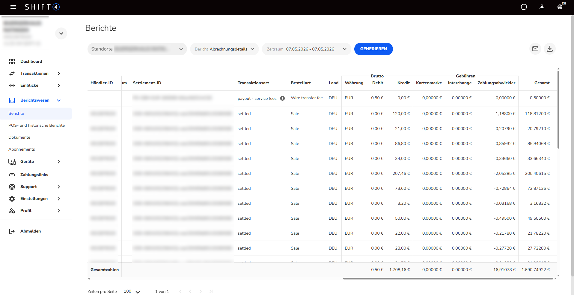 Abrechnungsdetailbericht innerhalb vom Shift4 Customer Hub (ehemals Lighthouse).