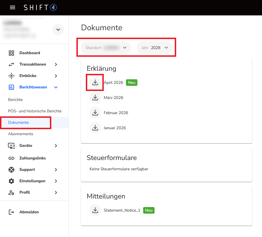 Bereich ‚Dokumente‘ im Shift4 Customer Hub (ehemals Lighthouse) mit Standort- und Jahresauswahl sowie Download eines Statements.