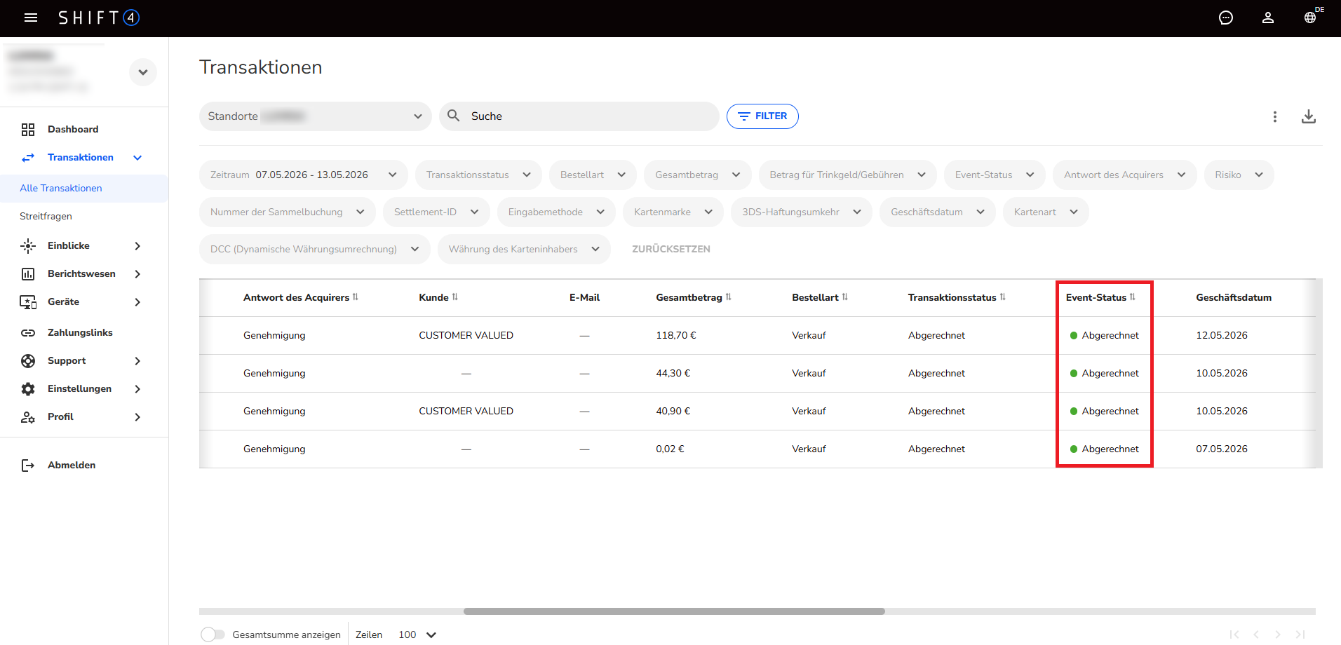 Screenshot der Transaktionsübersicht im Shift4 Customer Hub (ehemals Lighthouse) mit hervorgehobener Spalte ‚Event Status‘, darunter "Abgerechnet".