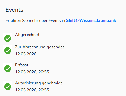 Screenshot des Zahlungsablaufs einer erfolgreichen Transaktion im Bereich „Events“ der Transaktionsdetails.
