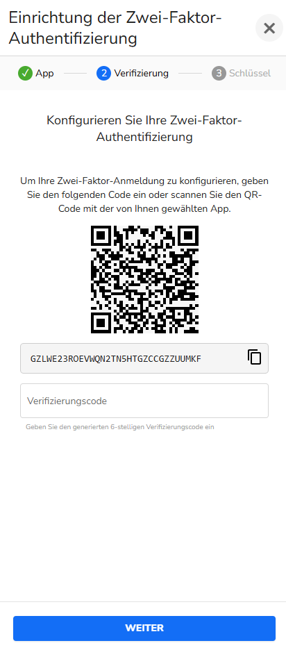 Anzeige QR Code und Einrichtungsschlüssel im Fenster Einrichtung der Zwei-Faktor-Authentifizierung im Shift4 Customer Hub (ehemals Lighthouse)