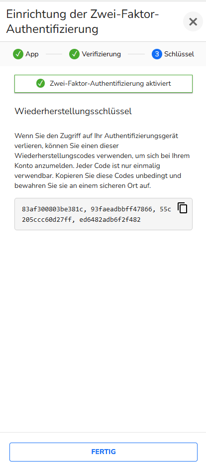 Anzeige von fünf Wiederherstellungsschlüsseln nach Einrichtung der Zwei-Faktor-Authentifizierung.