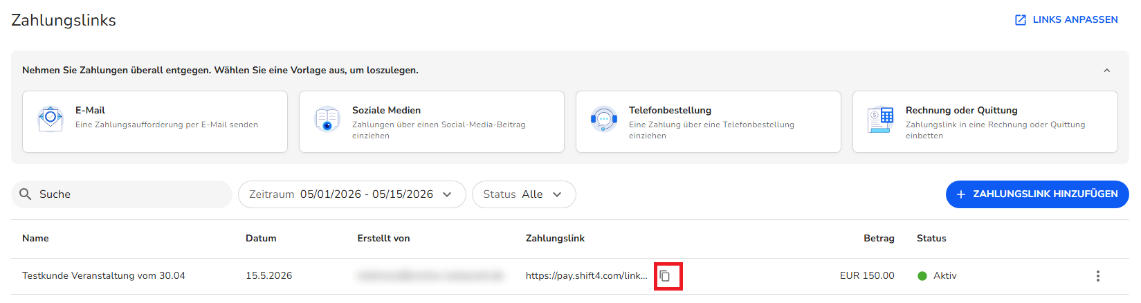 Übersicht der ‚Zahlungslinks‘ mit aktivem Eintrag und hervorgehobener Kopierfunktion der URL.