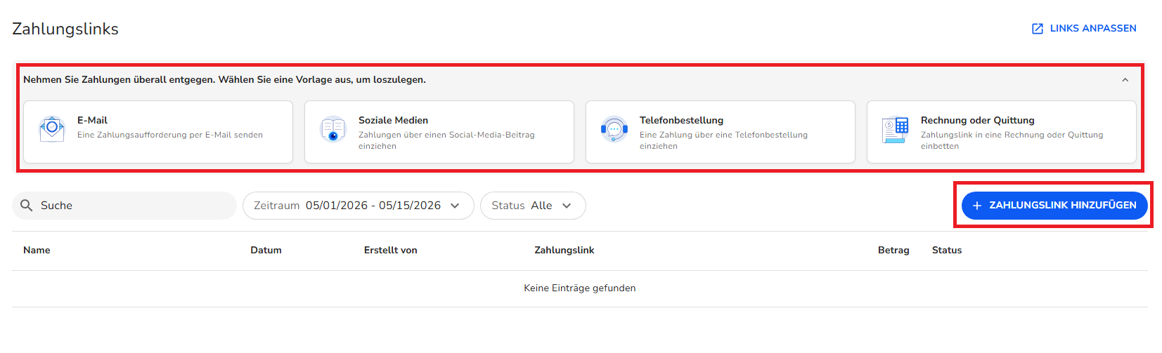 Leere Übersichtstabelle der ‚Zahlungslinks‘ mit hervorgehobenem ‚+ Zahlungslink hinzufügen‘-Button zum Erstellen eines neuen Links.