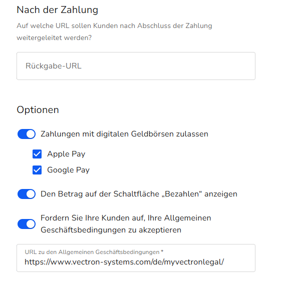 Optionen ‚Nach der Zahlung‘ und ‚Optionen‘ zur Anpassung des Zahlungsformulars für Zahlungslinks