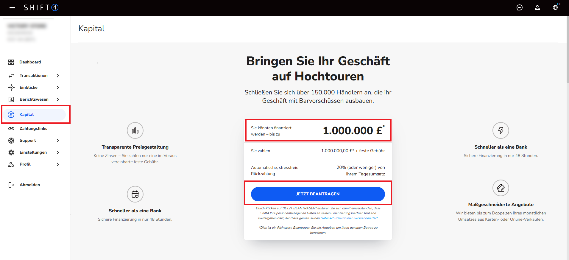 Rubrik „Kapital“ im Shift4 Customer Hub mit Finanzierungsbetrag und Button „Jetzt beantragen“.
