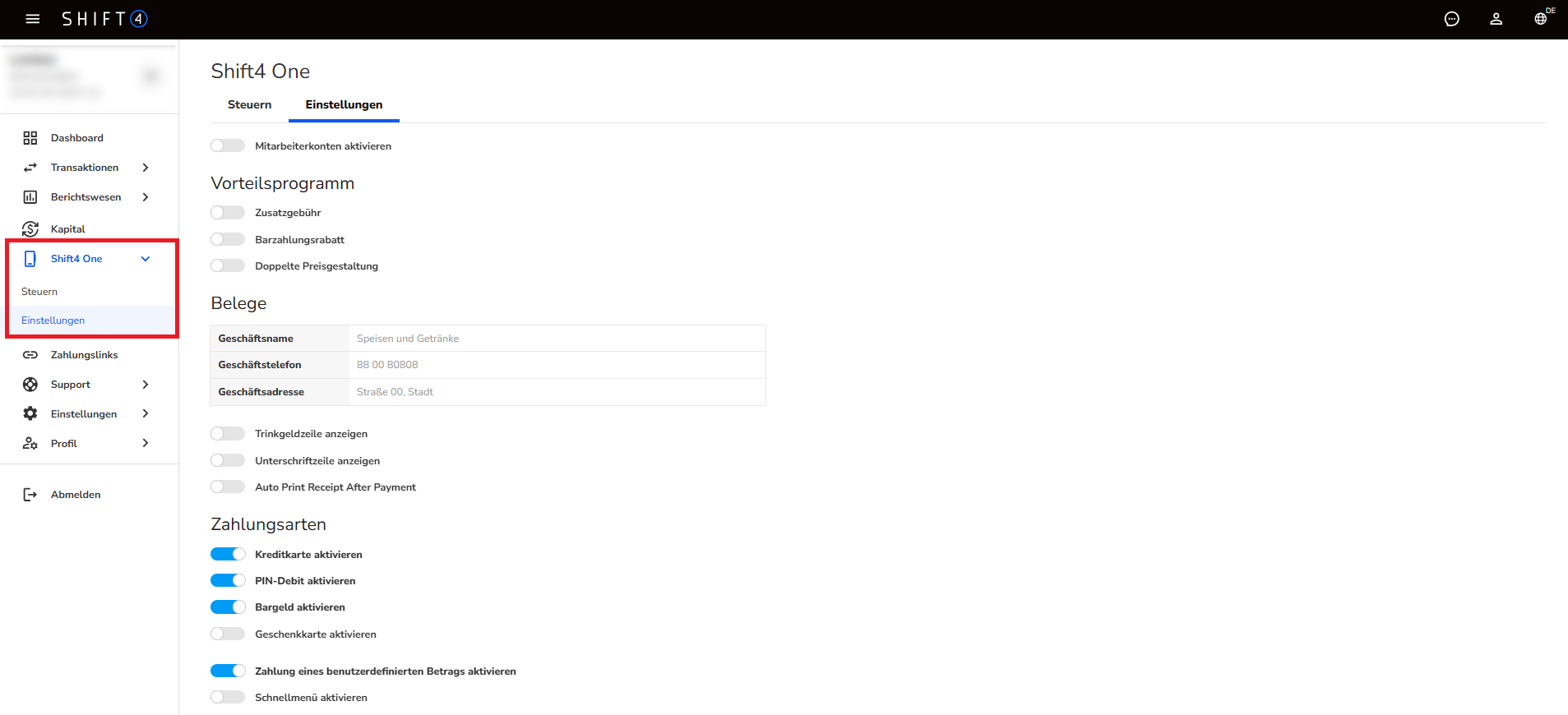 Remote-Einstellungen für Shift4 One Terminal mit hervorgehobener Rubrik „Geräte“ in der Navigation