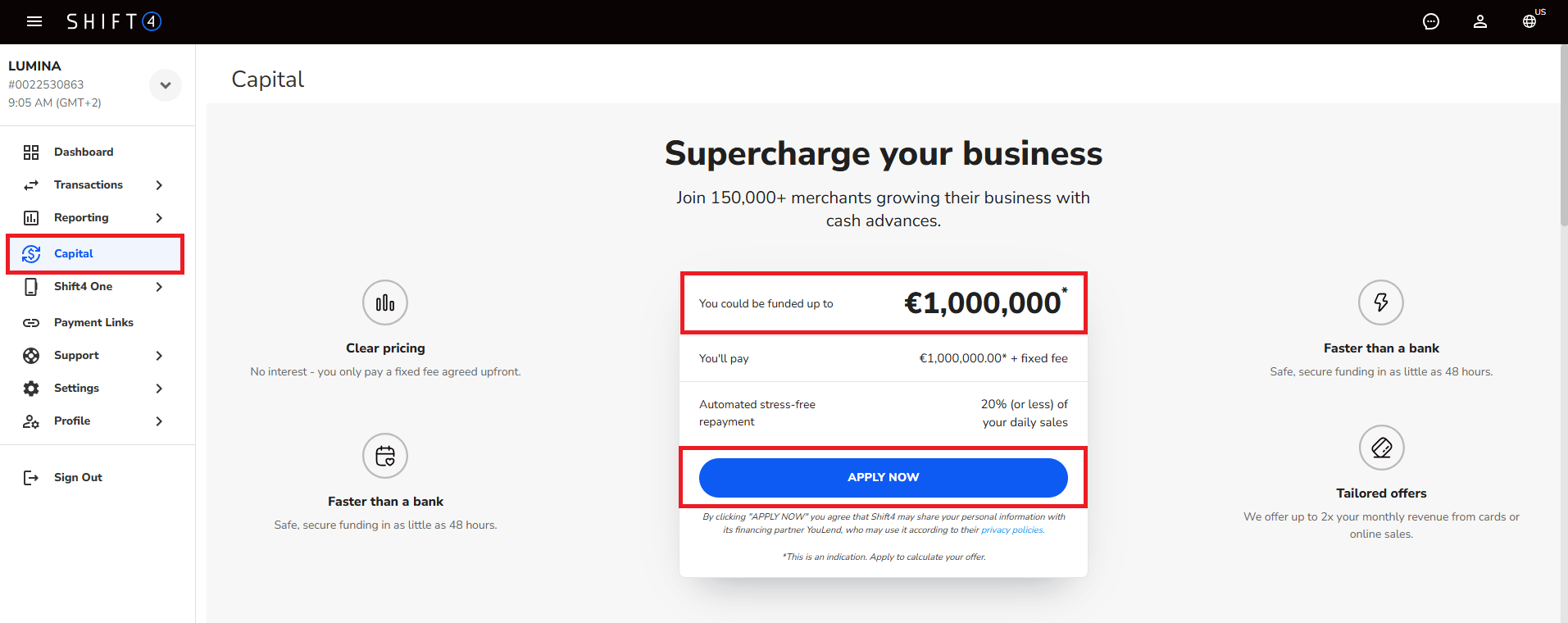 The “Capital” section in the Shift4 Customer Hub, showing the financing amount and the “Apply Now” button.