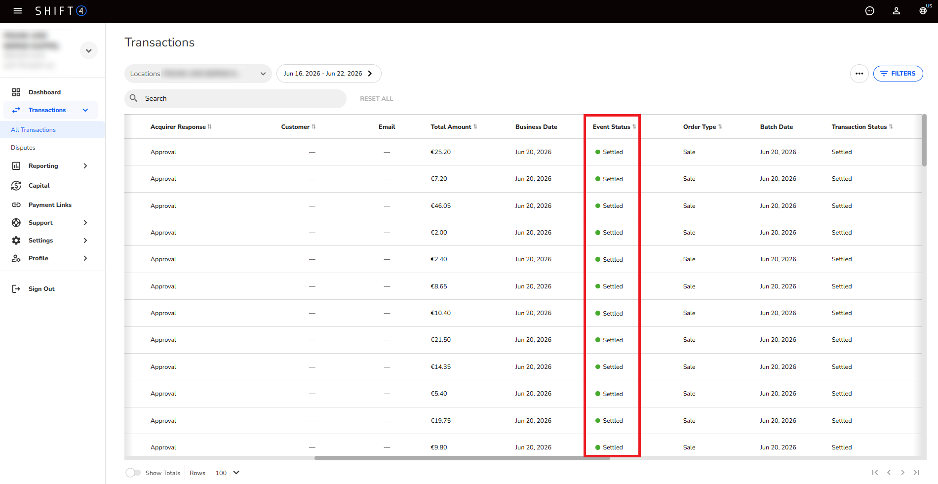 Screenshot van het transactieoverzicht in de Shift4 Customer Hub, met de kolom ‘Event Status’ gemarkeerd, met daaronder ‘Afgerekend’.