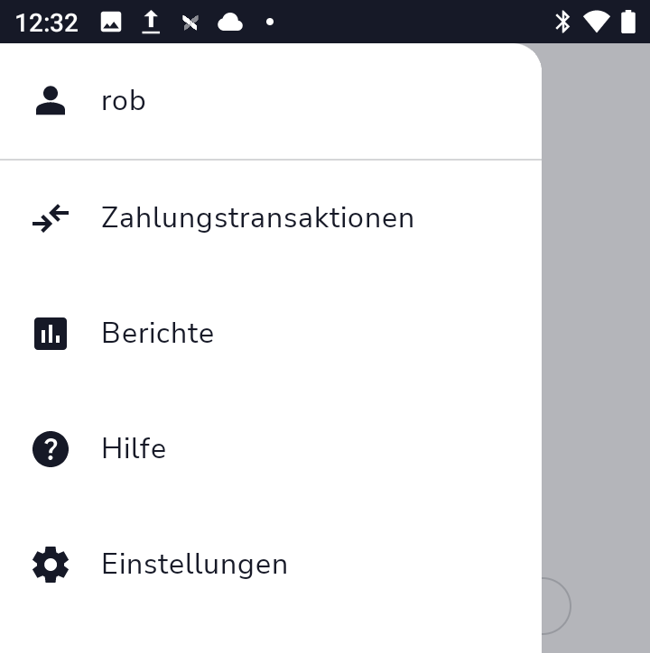 Hamburger-Menü der Shift4 One App mit den Menüpunkten Zahlungstransaktionen, Berichte, Hilfe und Einstellungen