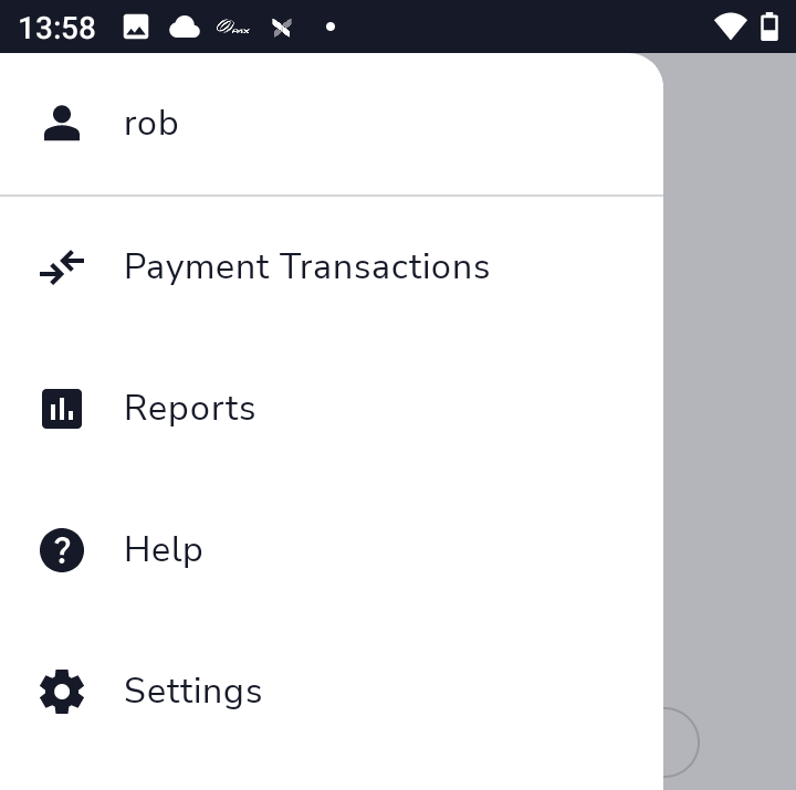 The Shift4 One app's hamburger menu, featuring the menu items “Payment Transactions,” “Reports,” “Help,” and “Settings”