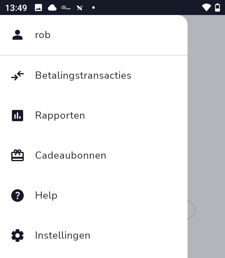 Het hamburgermenu van de Shift4 One-app met de menuopties Betalingstransacties, Rapporten, Help en Instellingen