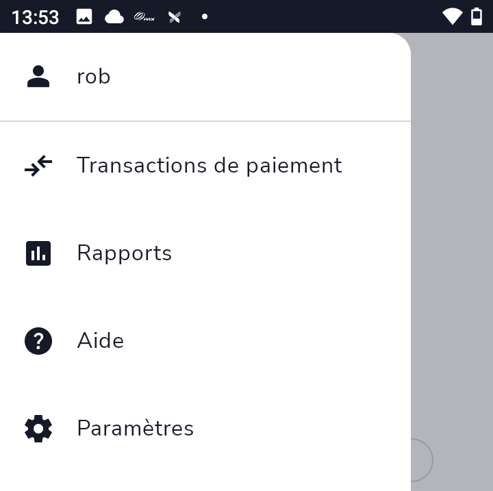 Menu « hamburger » de l'application Shift4 One, comprenant les rubriques « Transactions de paiement », « Rapports », « Aide » et « Paramètres »