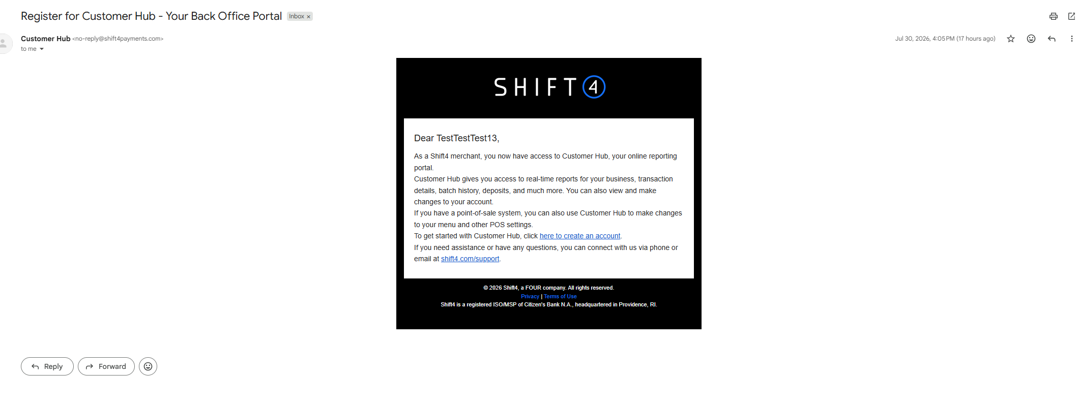 Registrierungs-E-Mail mit Link zur Erstellung eines Customer-Hub-Kontos